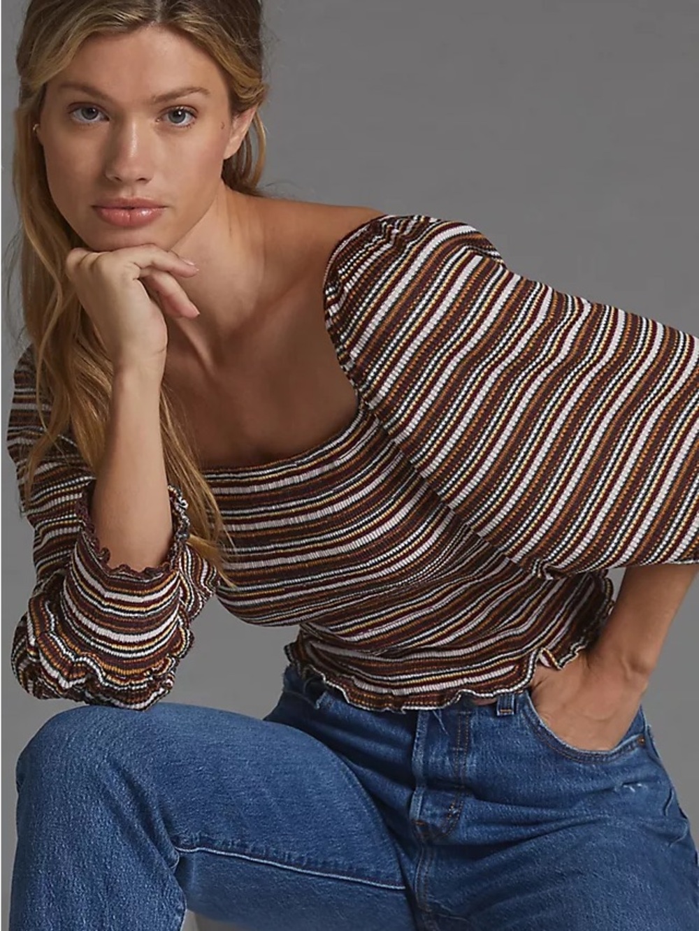 By Anthropologie Striped Long Sleeve Crop Top Brown Burgundy Gold Size M